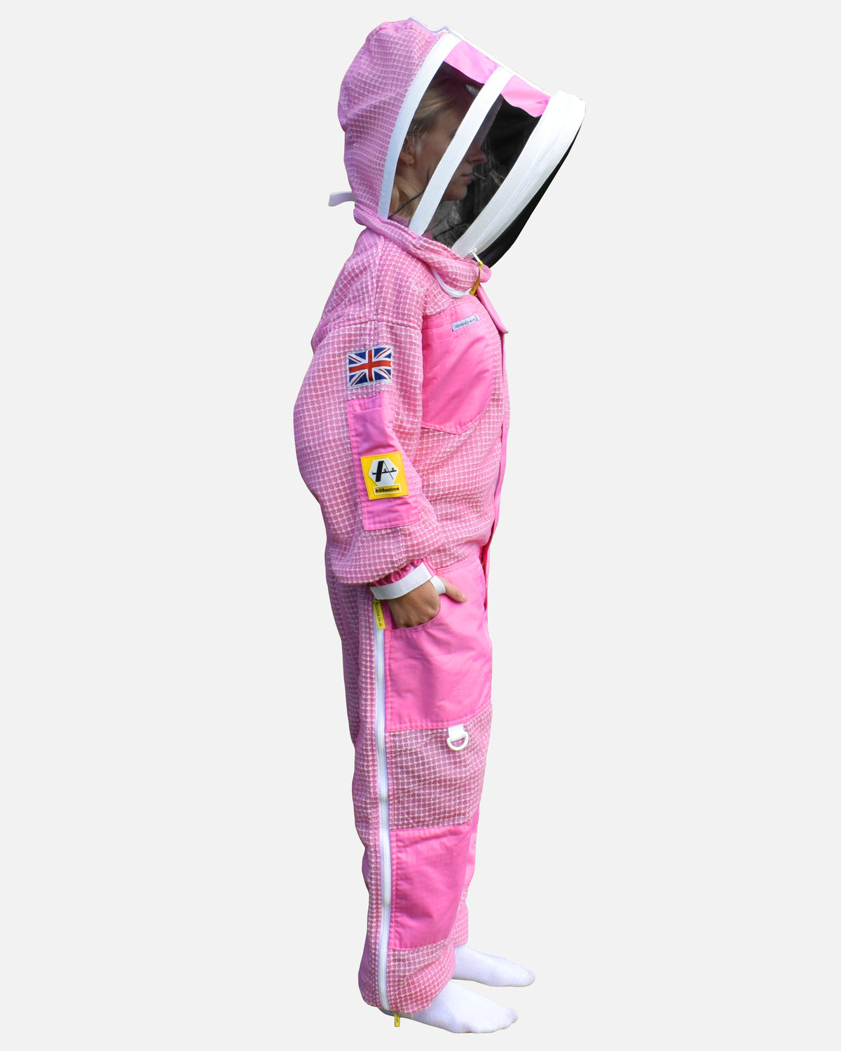 Side view of woman in pink PRO ventilated bee suit with fencing veil