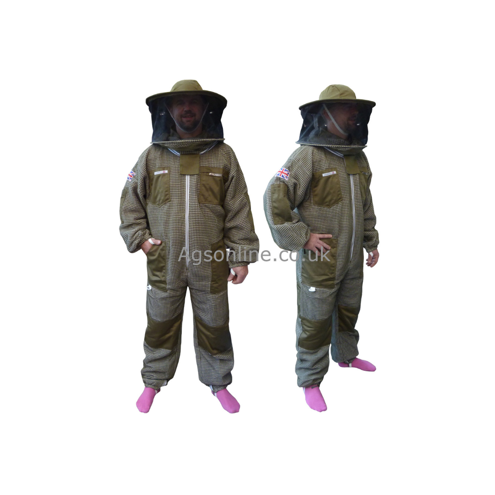 Two beekeepers wearing green 3 layer ventilated bee suits with round hat veils