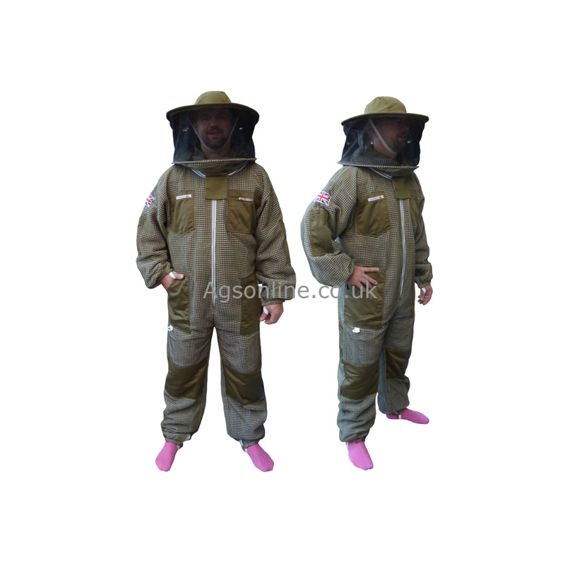Two beekeepers wearing green 3 layer ventilated bee suits with round hat veils