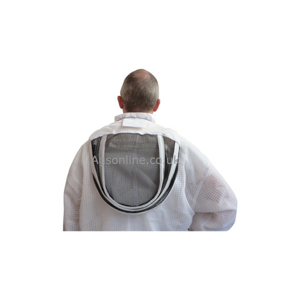 Back view of white 3 layer bee suit with fencing veil unzipped and folded back