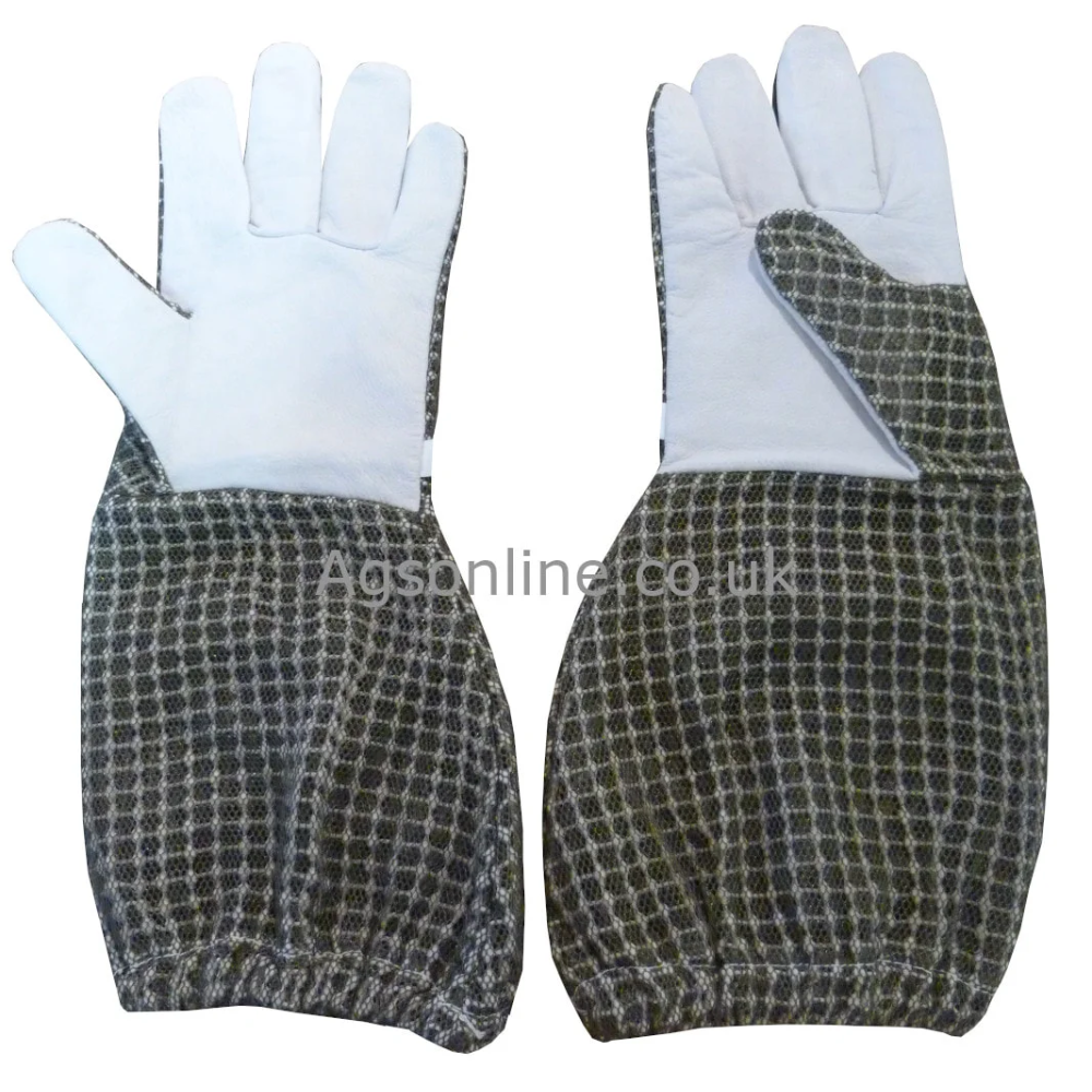 Guantes de apicultor de cuero con manguitos ventilados verdes, palma y dorso mostrados