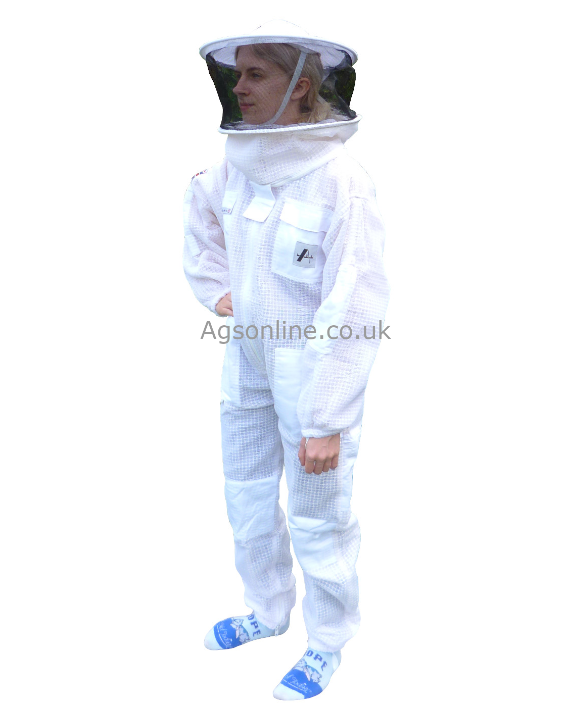 Three-quarter view of child in white 3 layer children's bee suit, round hat veil