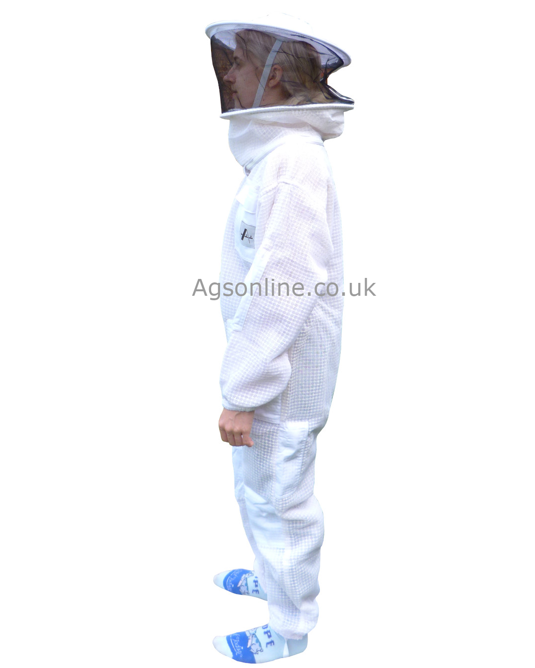 Side view of white children's 3 layer beekeeping suit with round hat veil