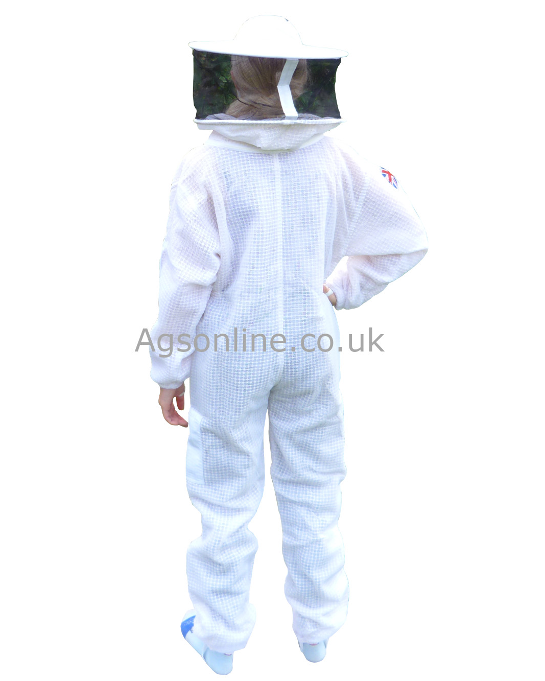 Back view of white children's 3 layer bee suit with round hat veil