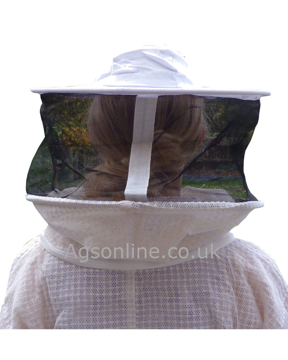 Close-up of round hat veil from behind on white children's 3 layer bee suit