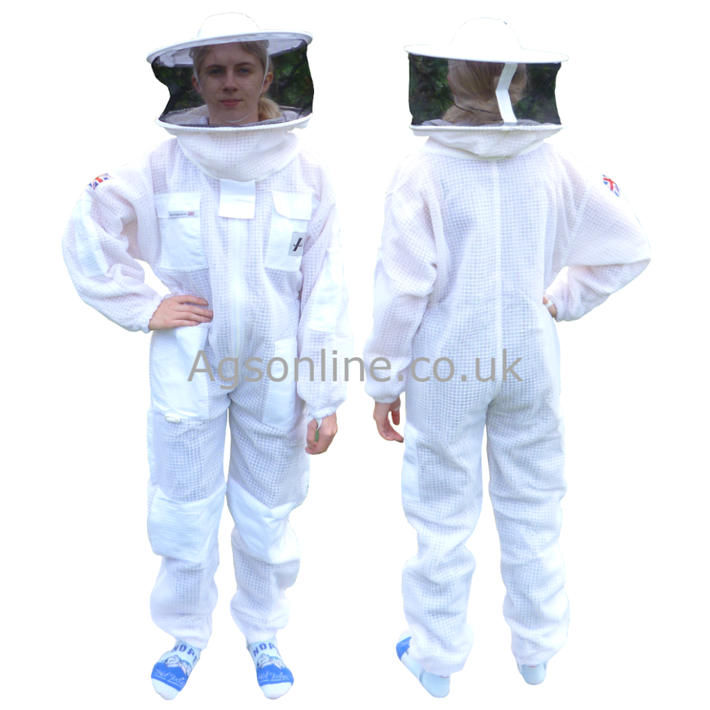 Front and back views of white children's 3 layer bee suit with round hat veil