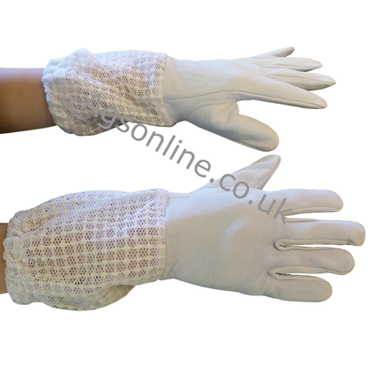 Hands wearing children's ventilated beekeeping gloves with elasticated cuffs