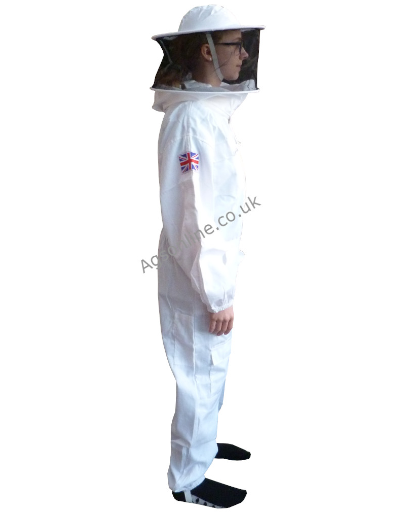Side view of white children's cotton bee suit with round hat veil