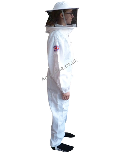 Side view of white children's cotton bee suit with round hat veil