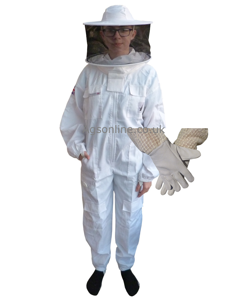 Child in white children's cotton bee suit with round hat veil, holding gloves