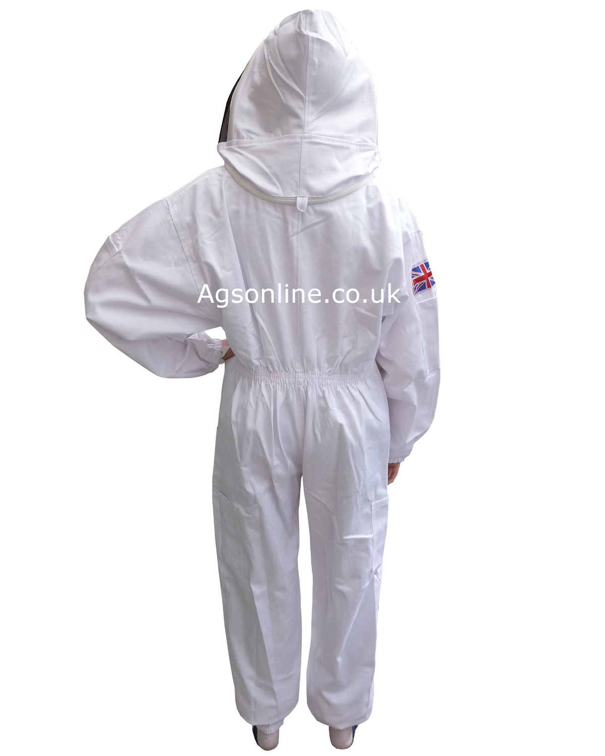 Vista trasera de Blanco infantil algodón Traje de apicultor with hood up