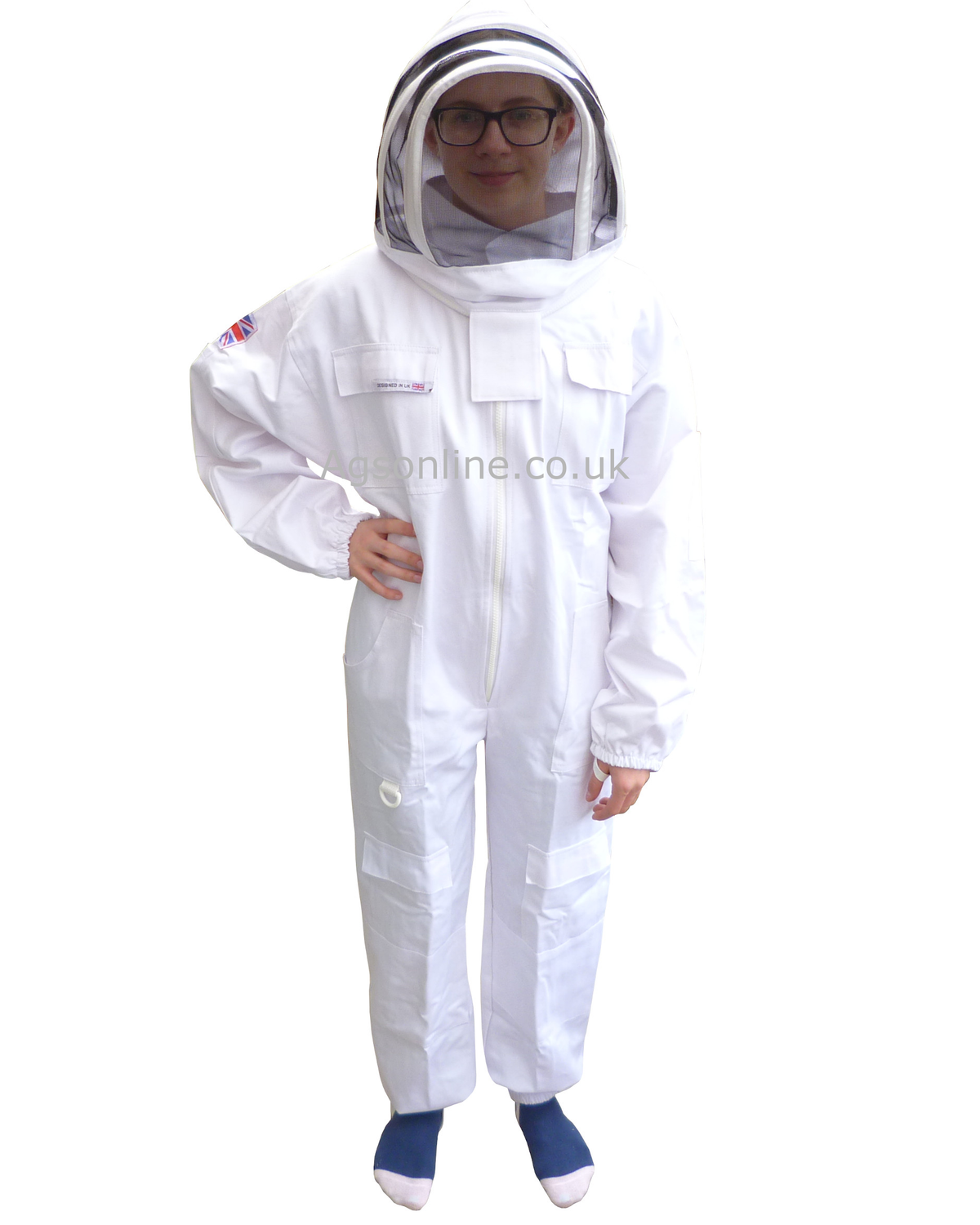 Child wearing Blanco infantil algodón Traje de apicultor con careta tipo esgrima