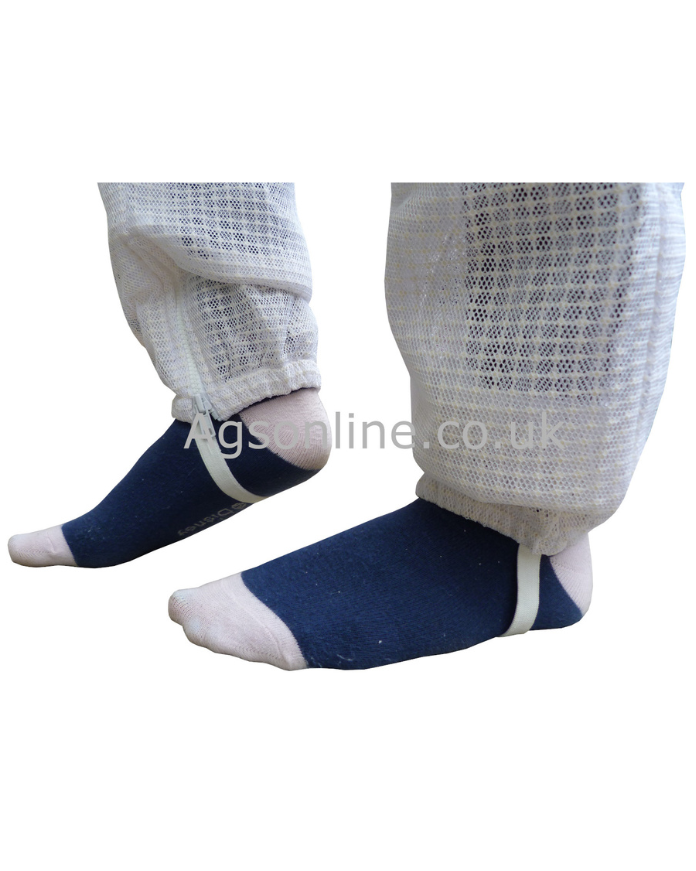 Elasticated ankles with foot loops on white children's 3 layer bee suit