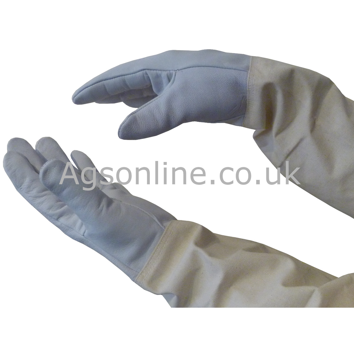 Hands wearing white leather beekeeping gloves with long cotton sleeves