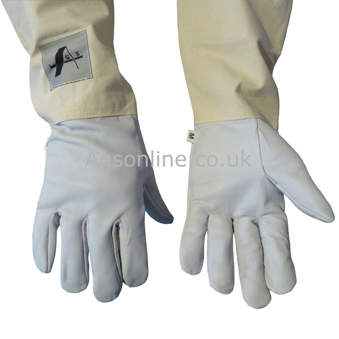 Close-up of white leather beekeeping gloves with AGS label on gauntlet