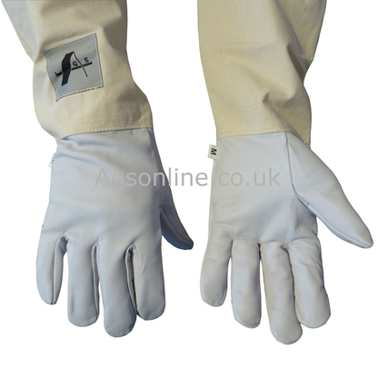 Close-up of white leather beekeeping gloves with AGS label on gauntlet