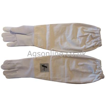Leather beekeeping gloves with cotton gauntlets laid side by side