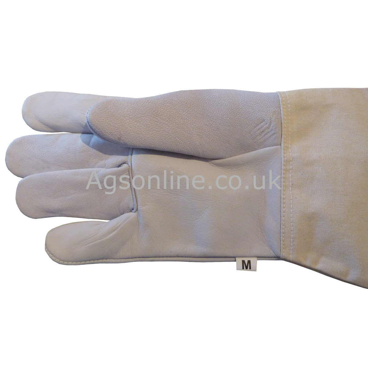 Close-up of white leather beekeeping glove palm, size M label