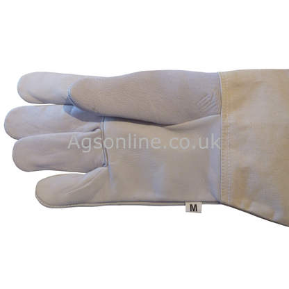 Close-up of white leather beekeeping glove palm, size M label