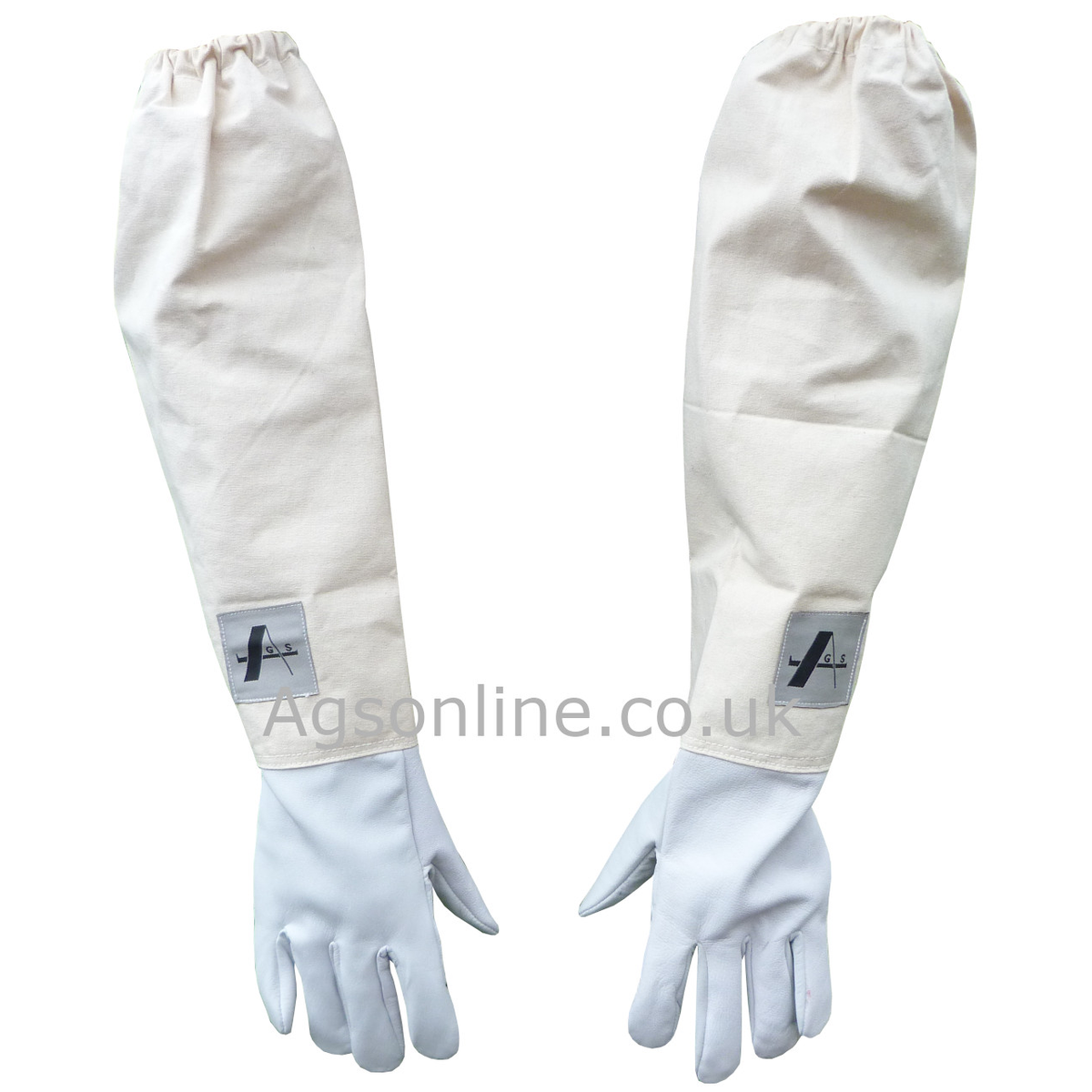 Pair of white leather beekeeping gloves with long cotton gauntlets