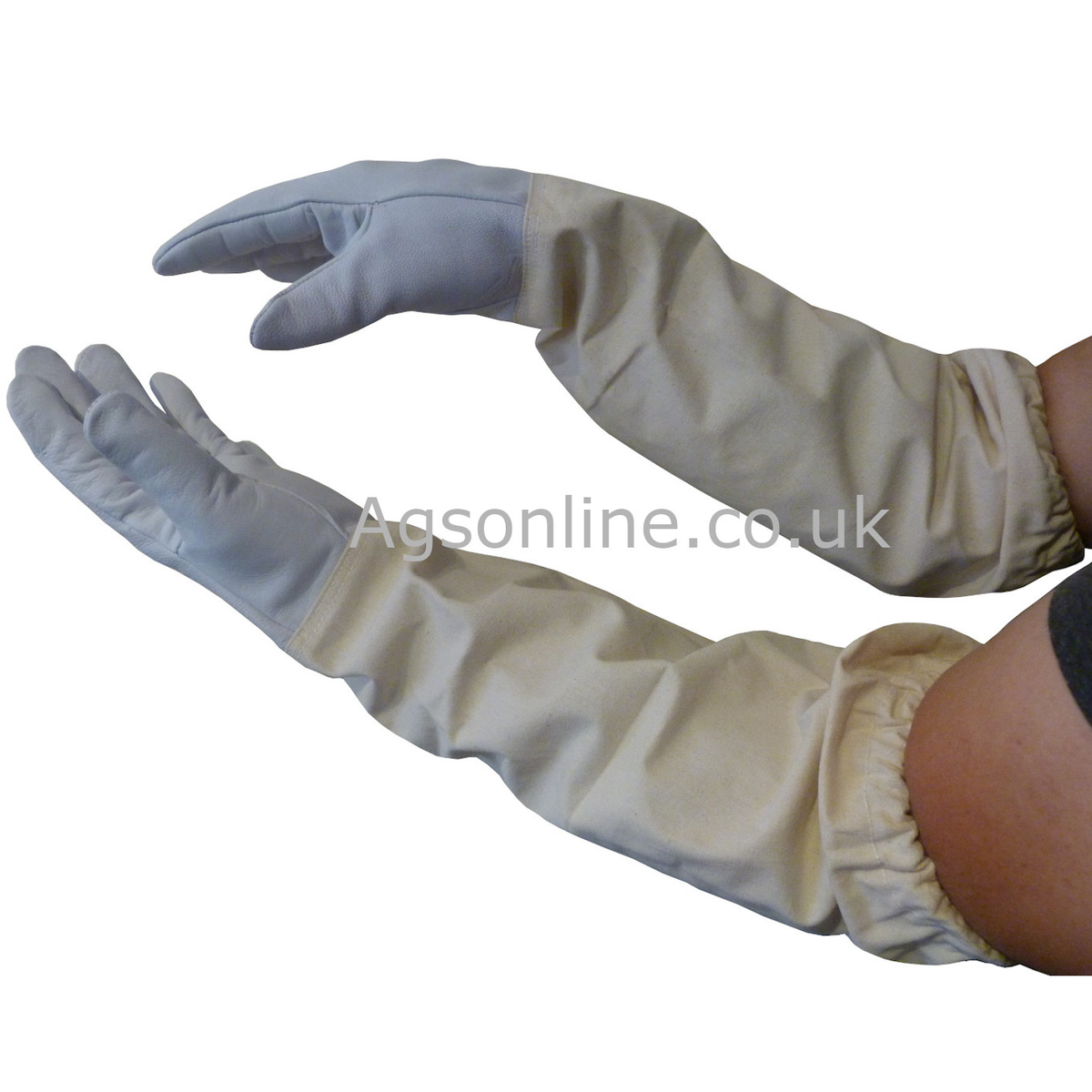 Leather beekeeping gloves worn, showing elasticated cotton gauntlets