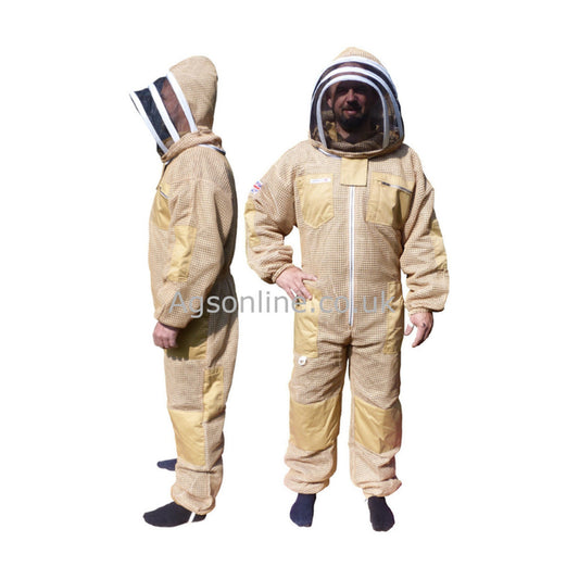 Olive 3 layer ventilated bee suit with fencing veil, side and front views