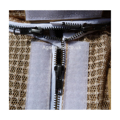 Close-up of metal zips and hook-and-loop flaps on olive 3 layer bee suit