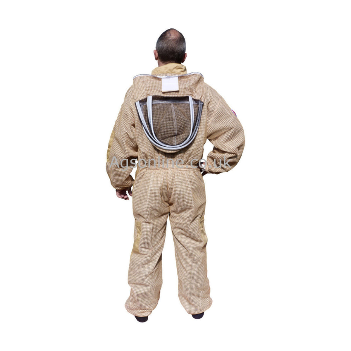 Back view of olive 3 layer bee suit with fencing veil unzipped and folded back