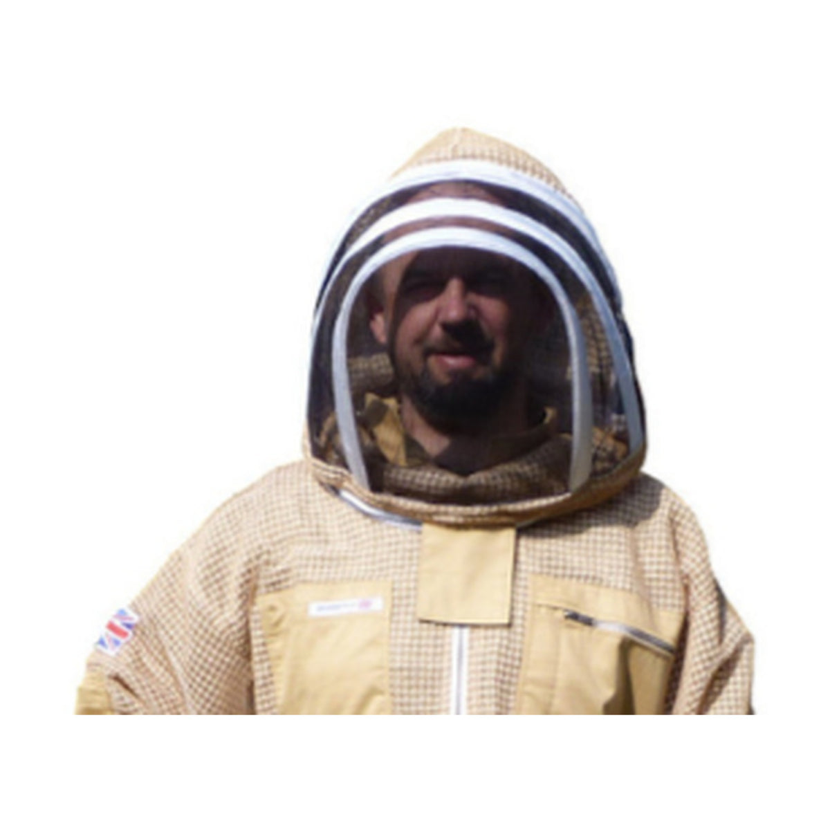 Close-up of man wearing olive 3 layer bee suit with fencing veil