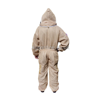 Back view of olive 3 layer ventilated bee suit with hood up