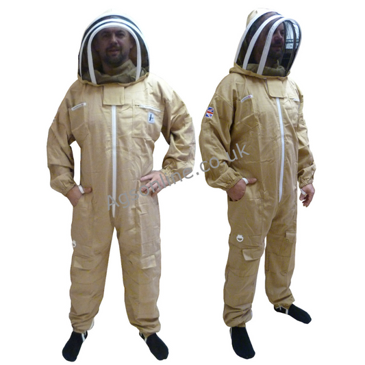 Two models wearing olive cotton bee suit with fencing veil, front and side