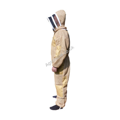 Side view of model in olive 3 layer ventilated bee suit with fencing veil