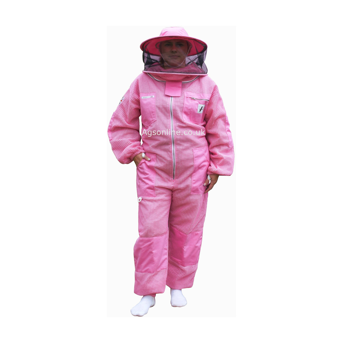 Full-length Vista frontal de Rosa 3 capas ventilado Traje de apicultura, careta redonda