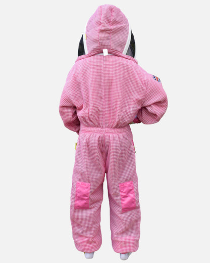 Back view of pink PRO 3 layer ventilated beekeeping suit with hood up