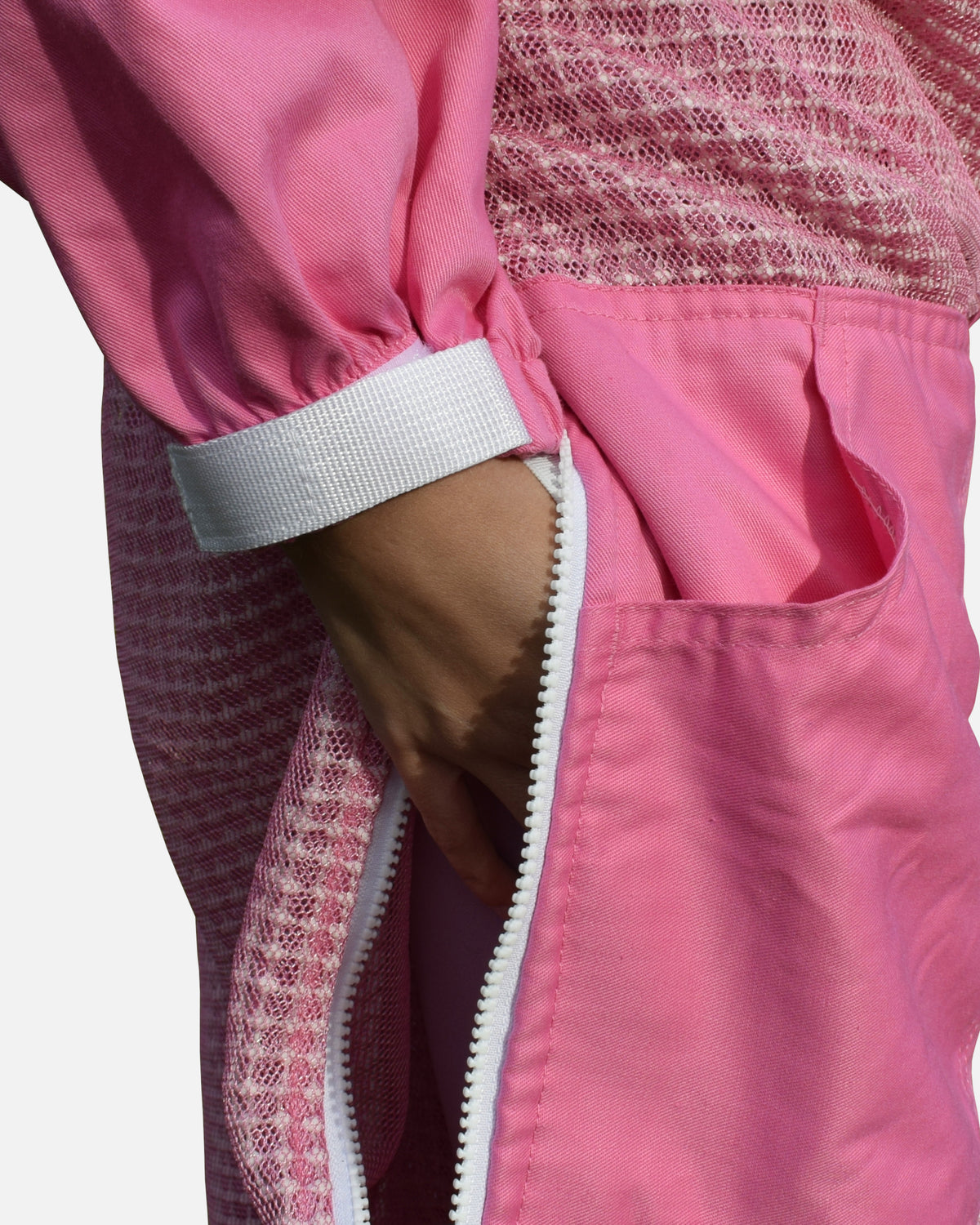 Zipped side pocket on pink PRO 3 layer ventilated bee suit