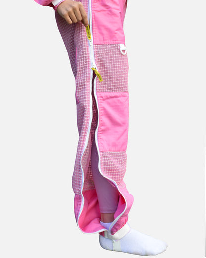 Full-length leg zip opened on pink PRO 3 layer ventilated bee suit