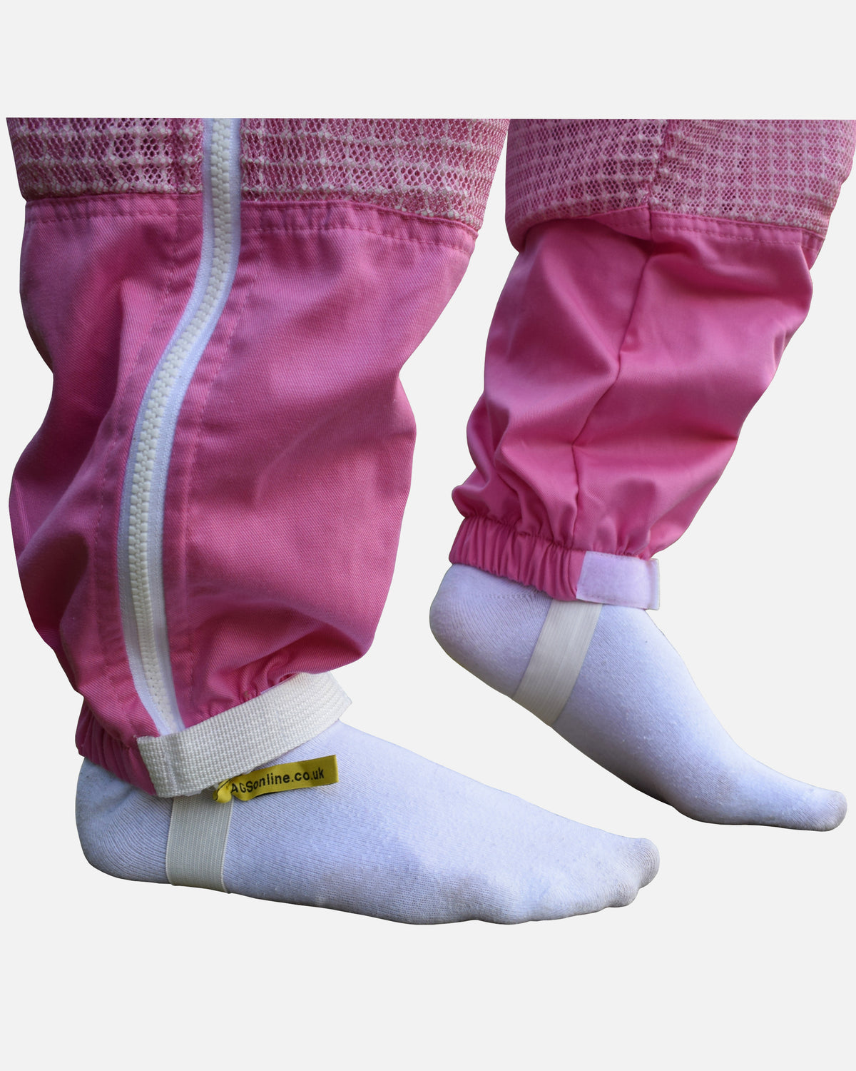 Elasticated ankles with foot stirrups on pink PRO ventilated beekeeping suit