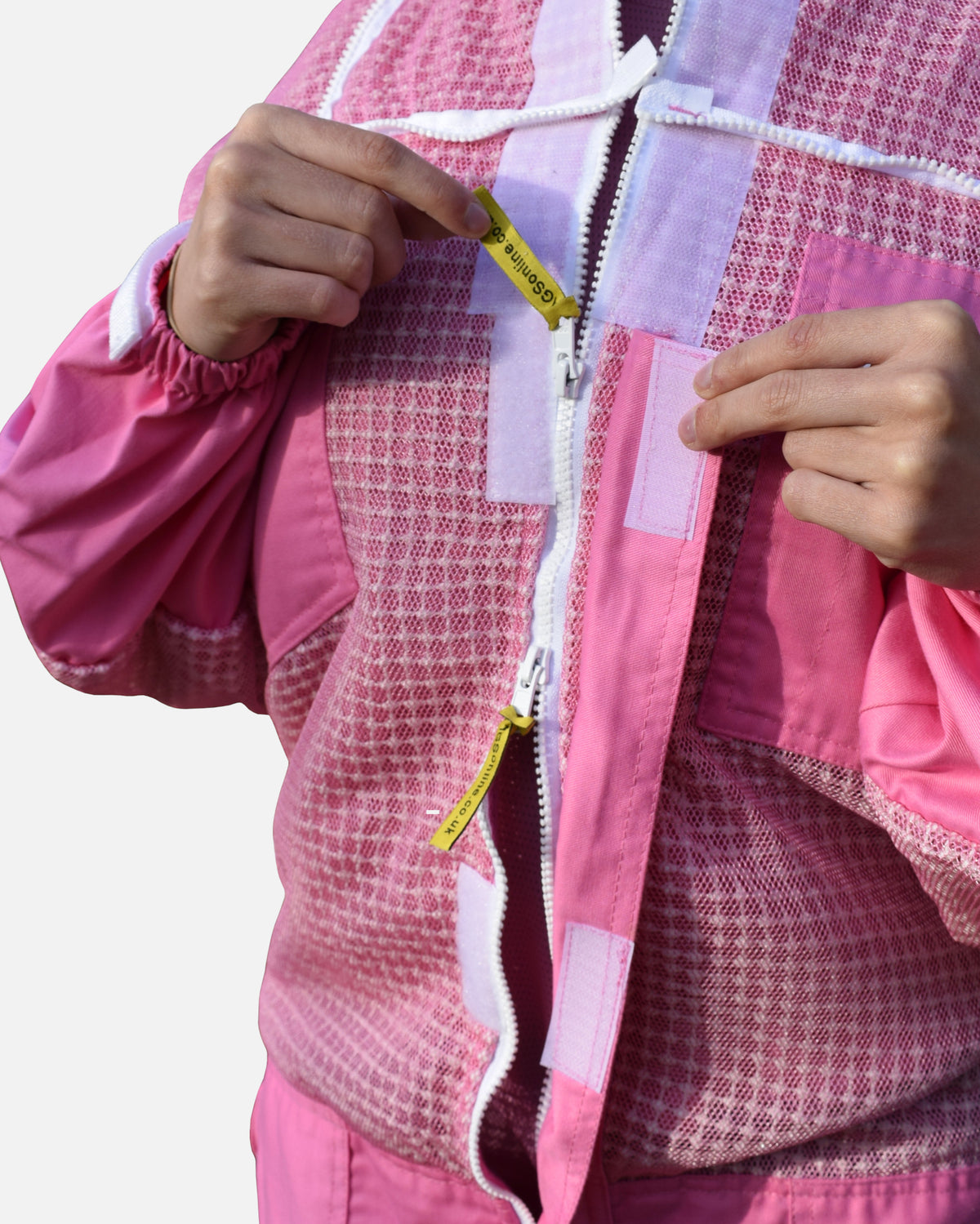 Front zip with yellow pull tabs on pink PRO 3 layer ventilated bee suit