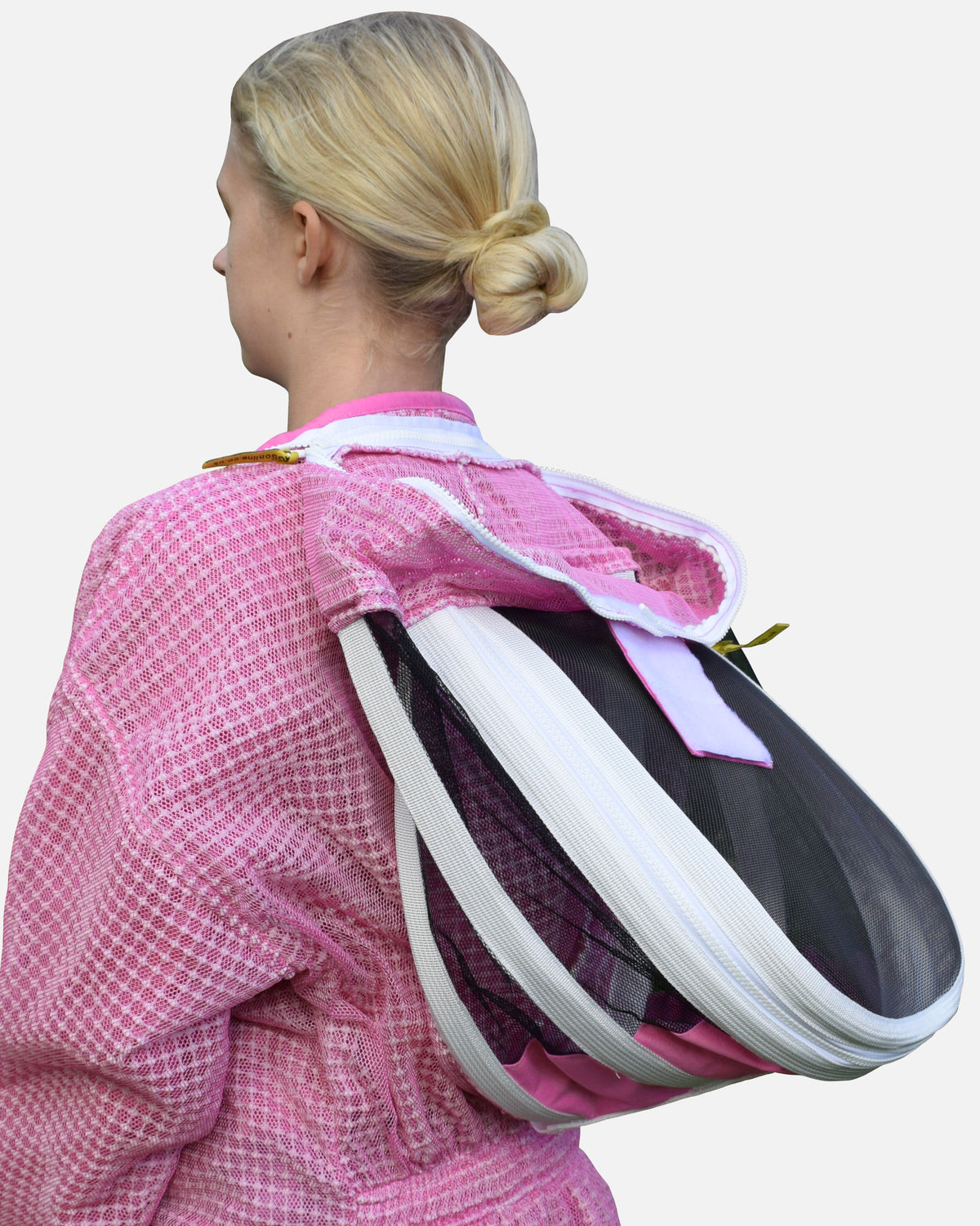 Back view of pink PRO bee suit with fencing veil folded back