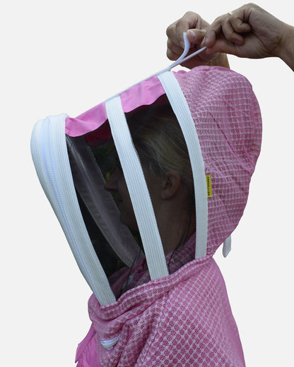Pulling the top loop of the fencing veil on pink PRO bee suit