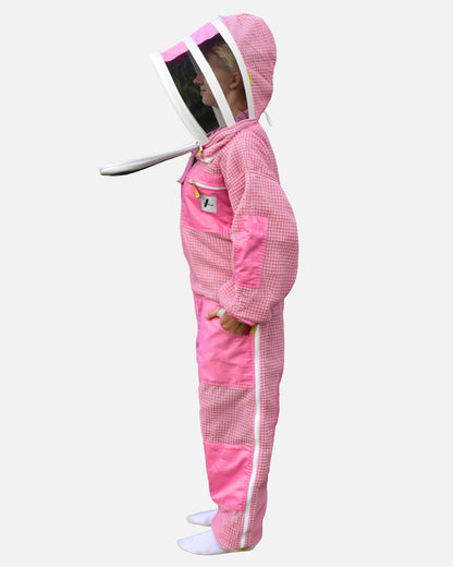 Side view of pink PRO ventilated bee suit with veil front open