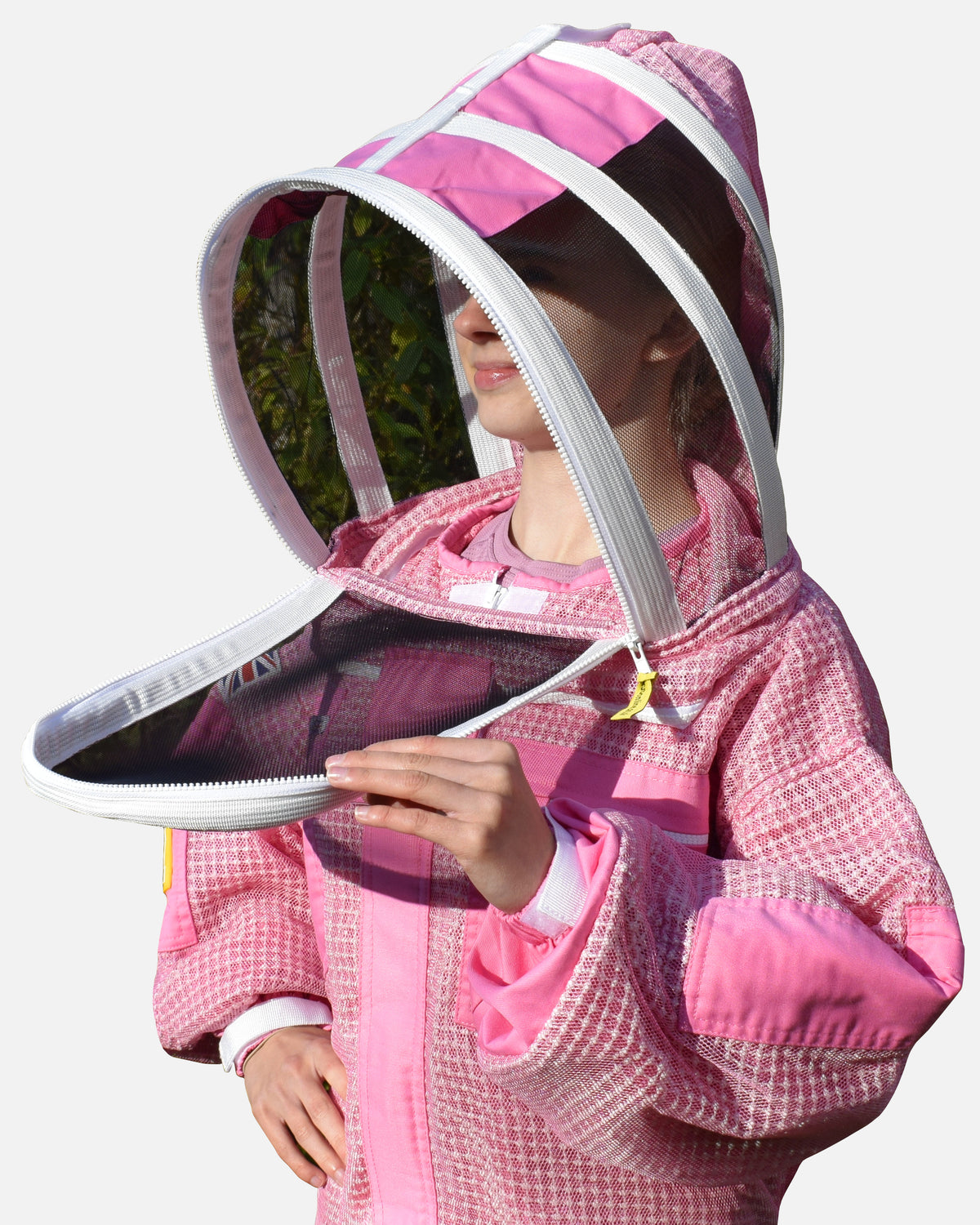 Veil front opened on pink PRO 3 layer ventilated bee suit