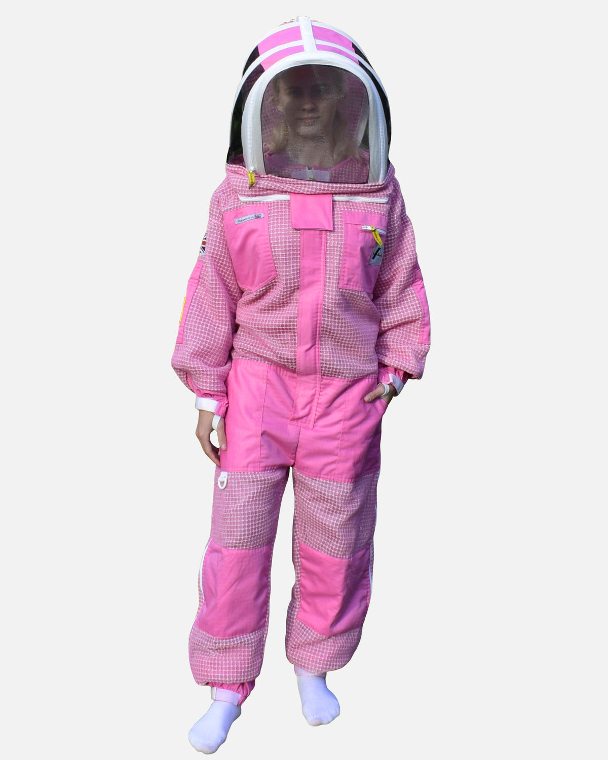 Woman wearing pink PRO 3 layer ventilated bee suit with fencing veil