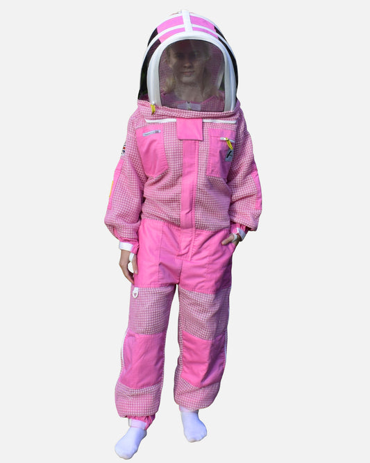 Woman wearing pink PRO 3 layer ventilated bee suit with fencing veil