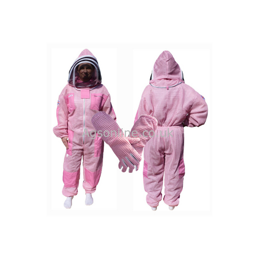 Pink 3 layer ventilated bee suit with fencing veil and gloves, front and back views