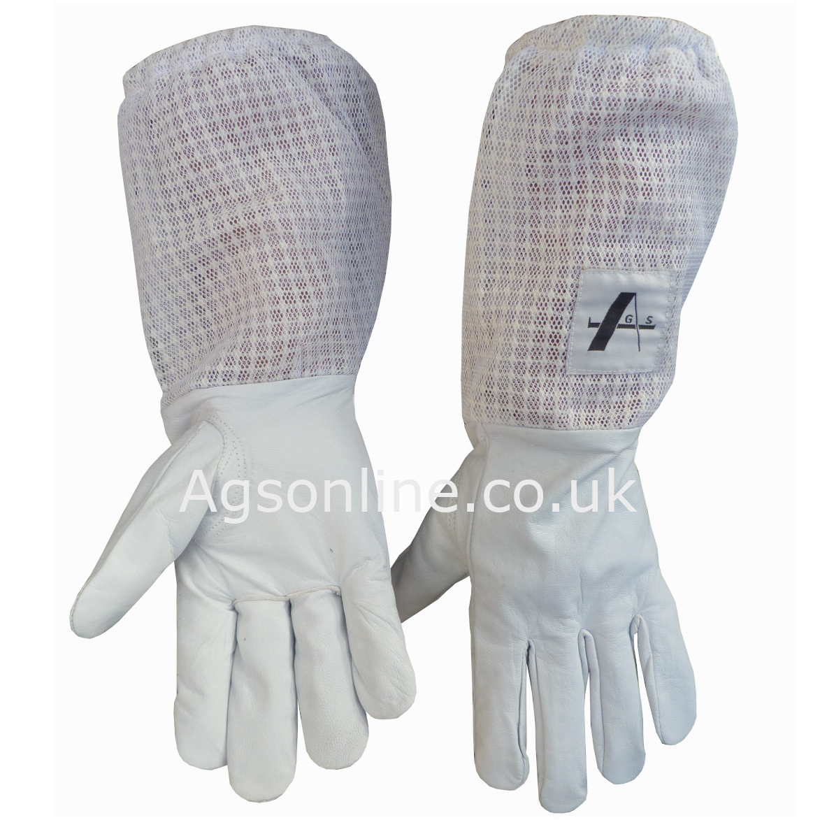 Back of Guantes de apicultor de cuero with Blanco ventilado mesh gauntlets