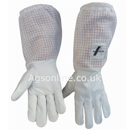 Back of Guantes de apicultor de cuero with Blanco ventilado mesh gauntlets