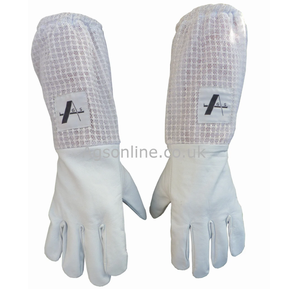 Pair of Guantes de apicultor de cuero with Blanco de 3 capas  mesh gauntlets