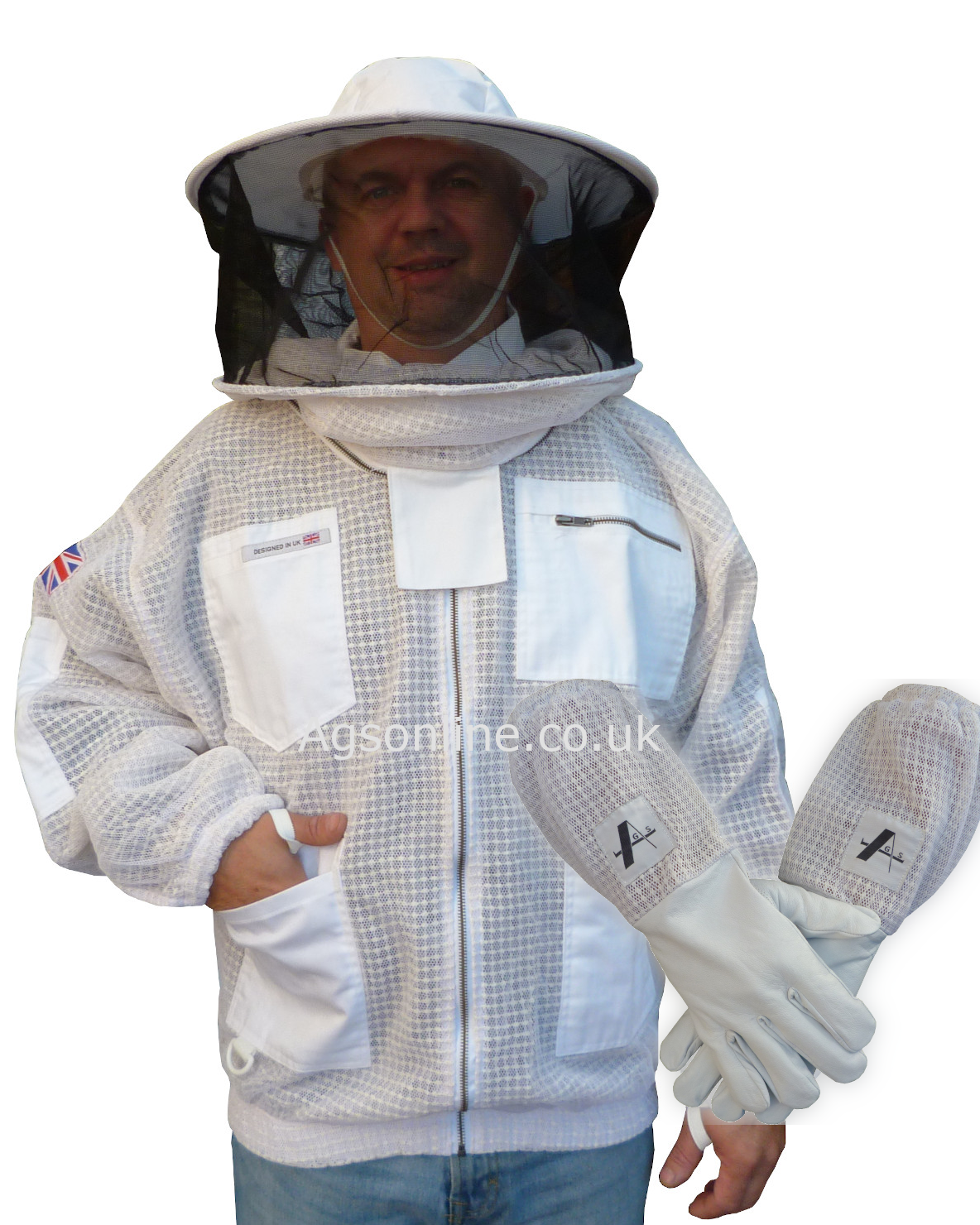 Veste d'apiculteur ventilée 3 couches blanche, voile rond et gants