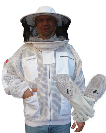 Veste d'apiculteur ventilée 3 couches blanche, voile rond et gants